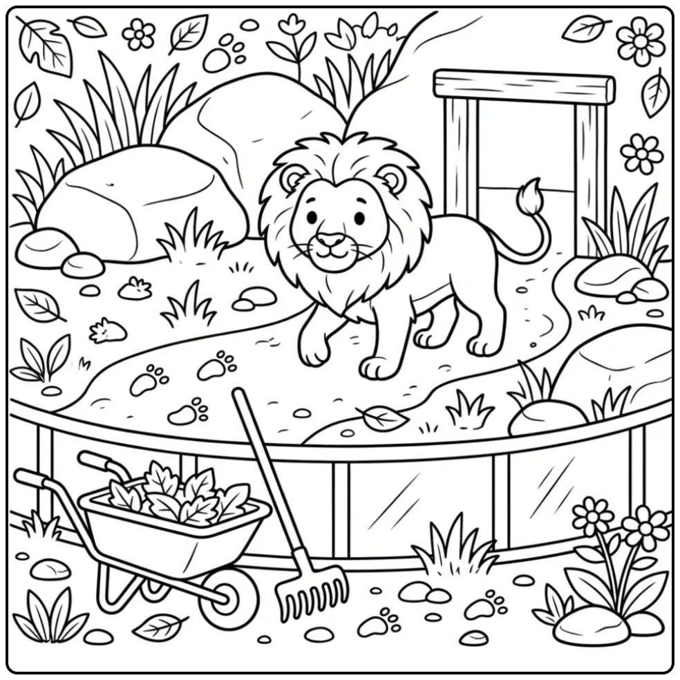 Lion coloring page walking in a zoo