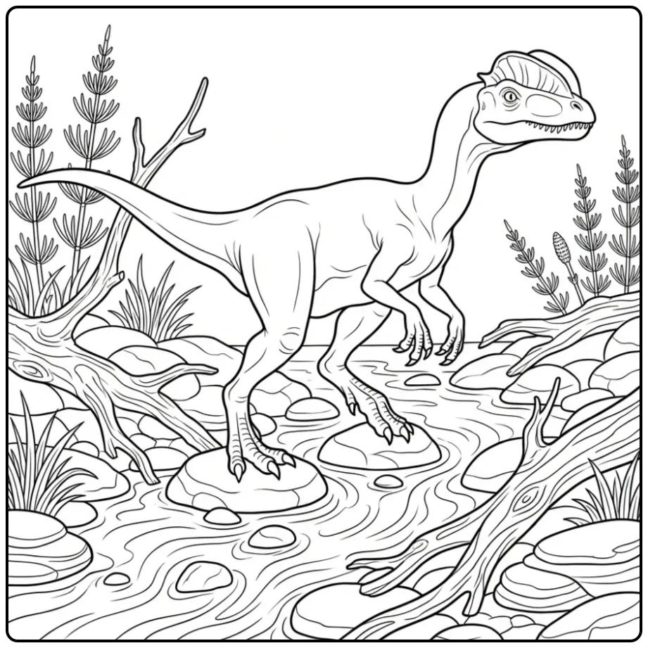 Dilophosaurus Crossing a Stream coloring page