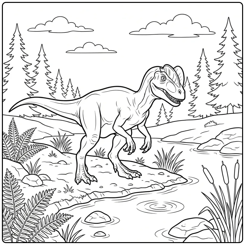 Realistic Dilophosaurus coloring page by a riverbank