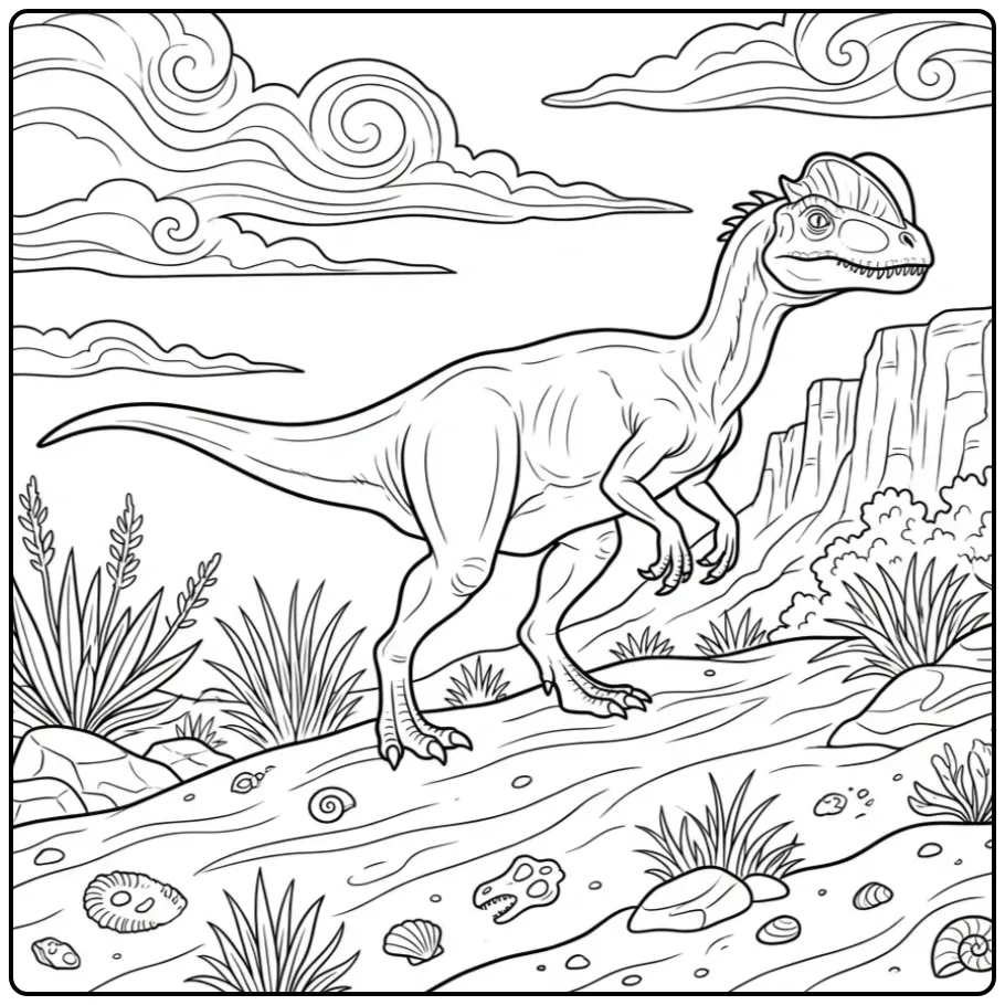 Dilophosaurus Rocks and Fossils coloring page