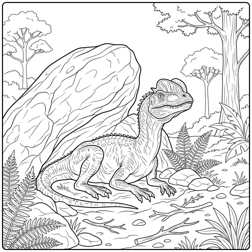 Dilophosaurus Resting with a Big Rock coloring page