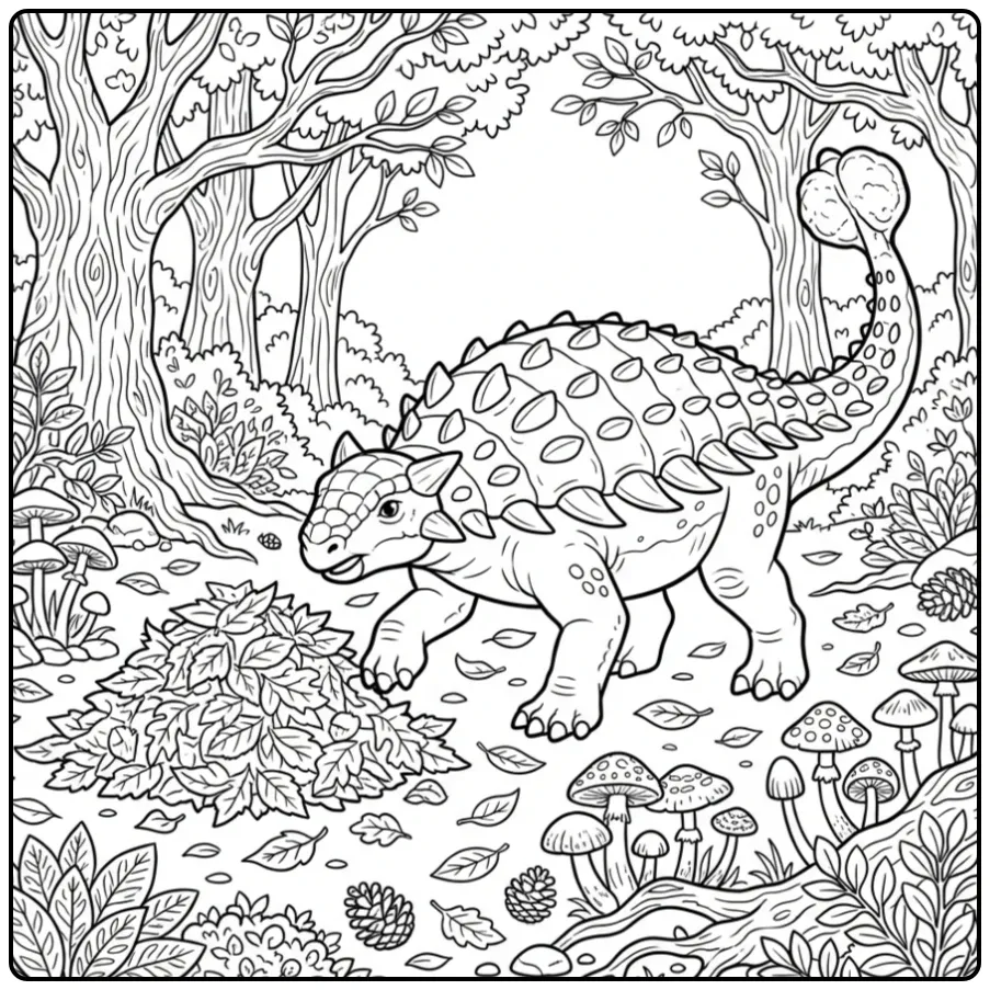 Dinosaur Ankylosaurus in the Forest with Mushrooms coloring page