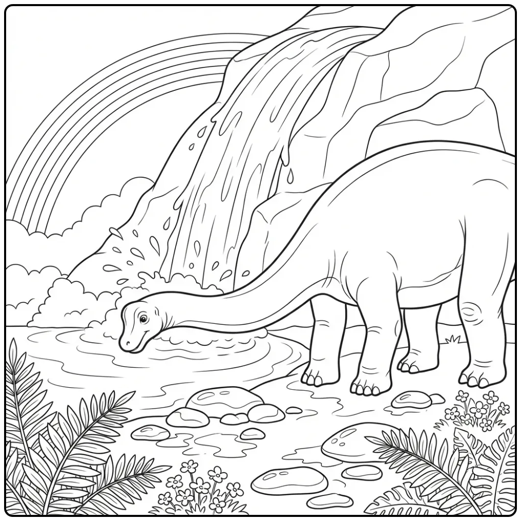 Brachiosaurus Drinking by a Waterfall coloring page