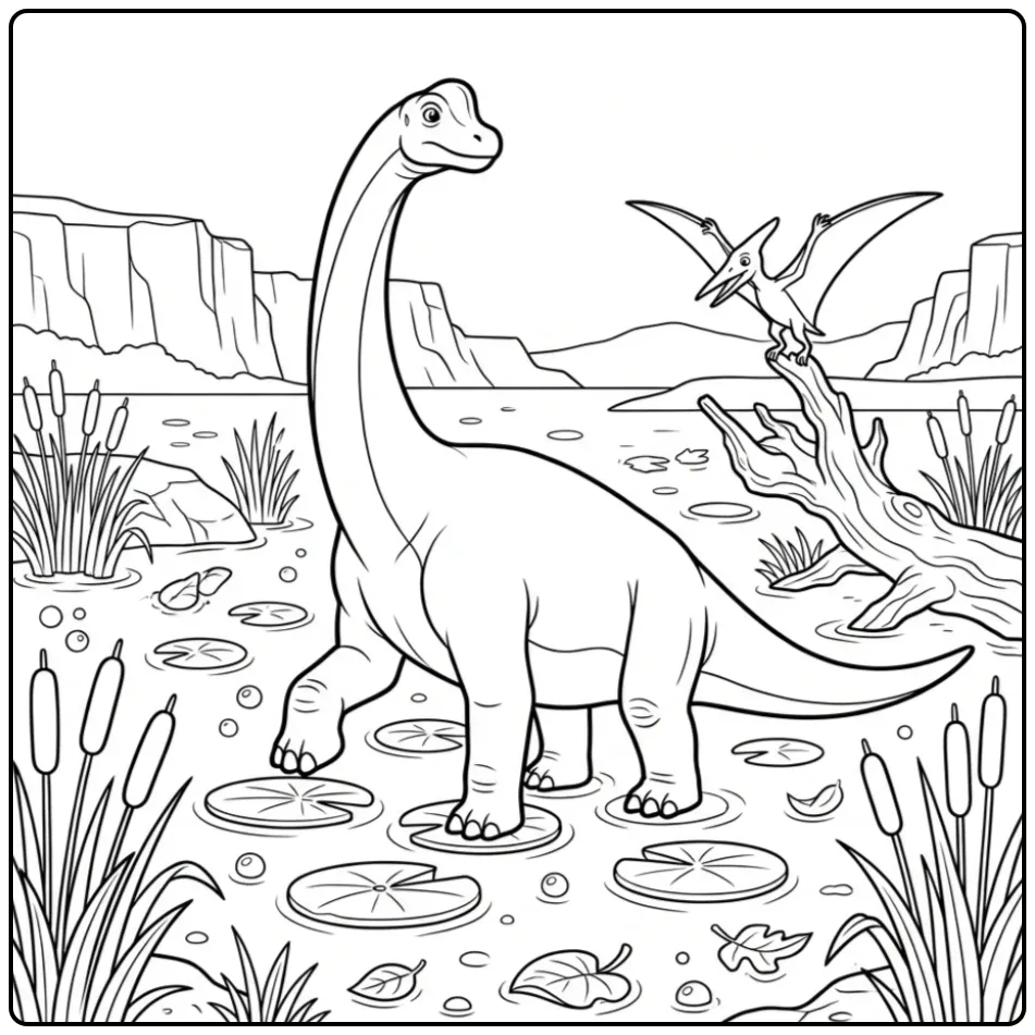 Brachiosaurus coloring page among reeds and water