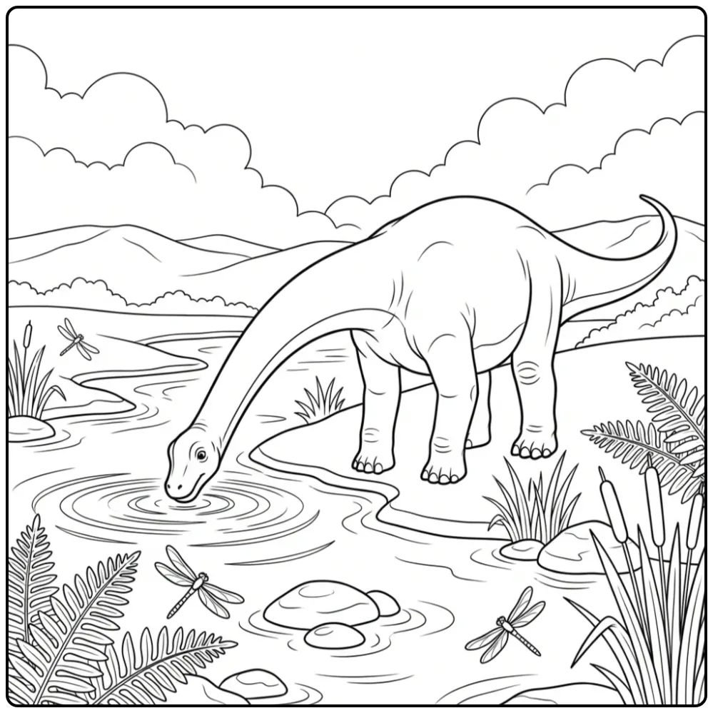 Long-necked Brachiosaurus by the River coloring page
