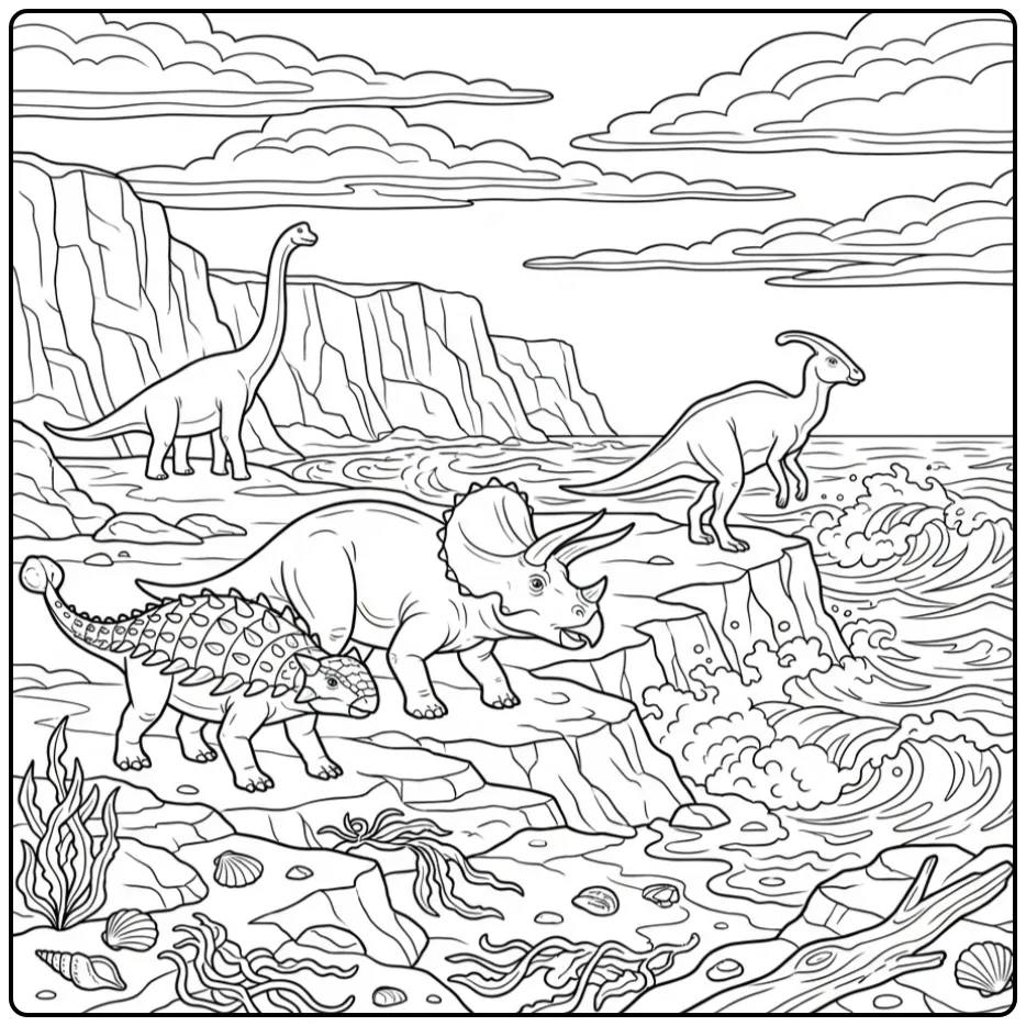 Dinosaur Coastline and Dinosaurs coloring page