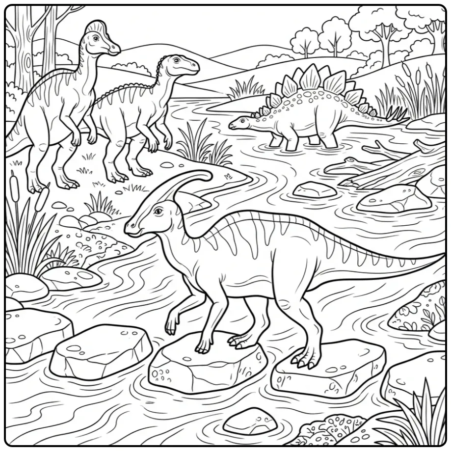 Dinosaur Parasaurolophus and Friends with Water coloring page