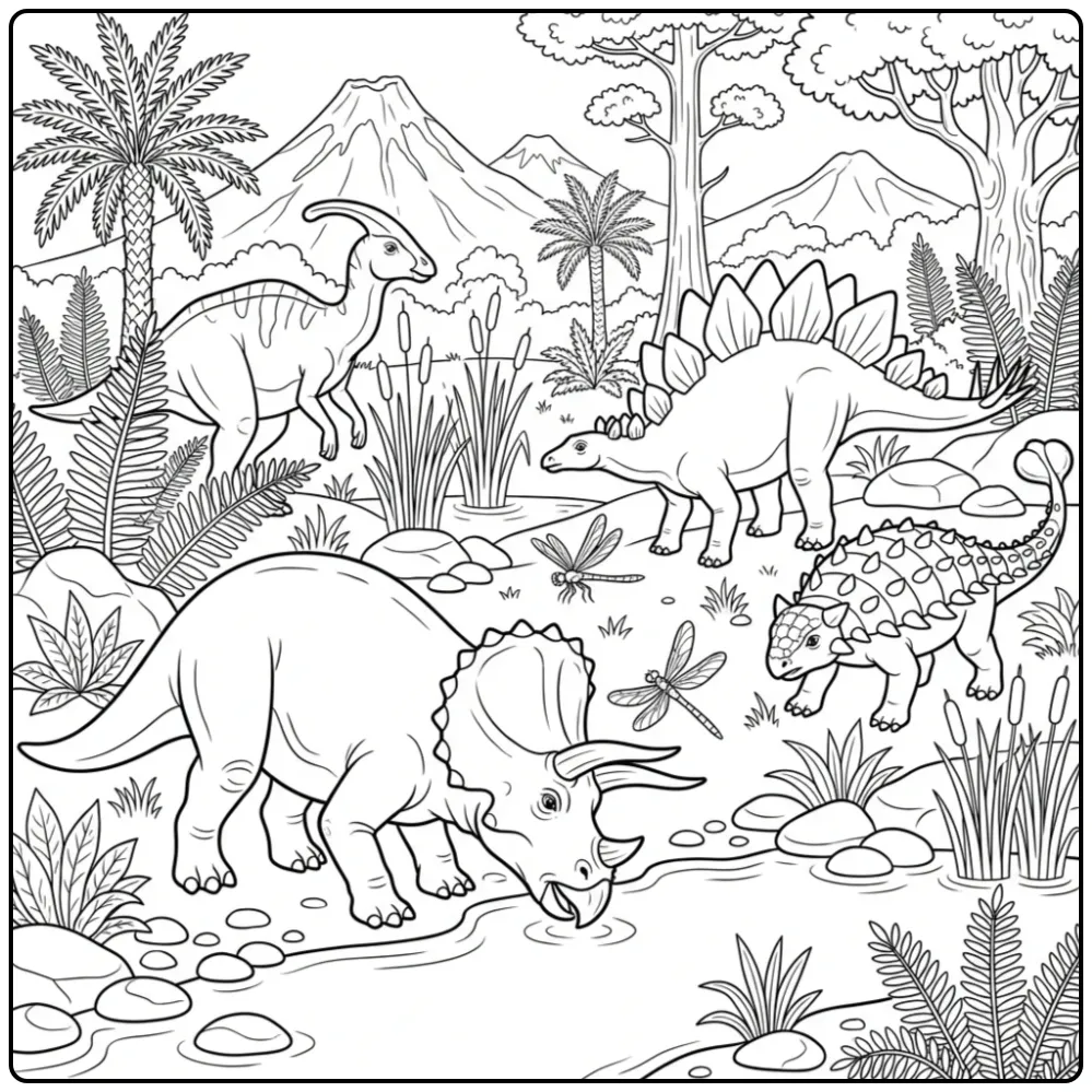 Dinosaur Prehistoric Watering Hole with Animals coloring page
