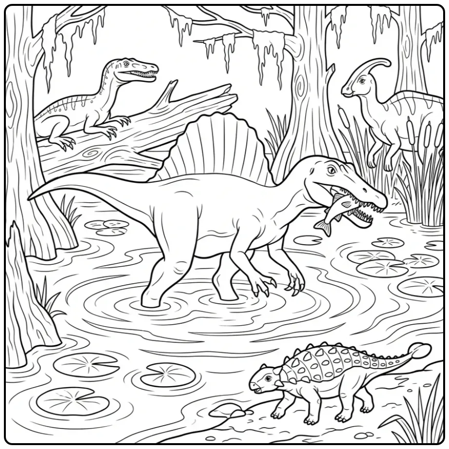 Dinosaur Spinosaurus and Friends in the Swamp coloring page