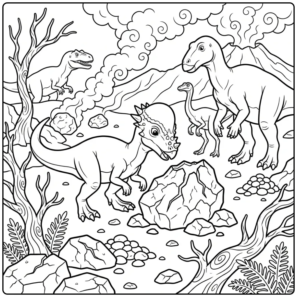 Dinosaur Volcanic Landscape with Pachycephalosaurus coloring page