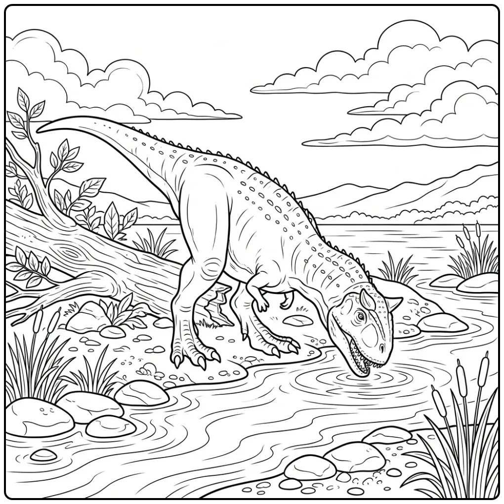 Carnotaurus coloring page drinking by a quiet river