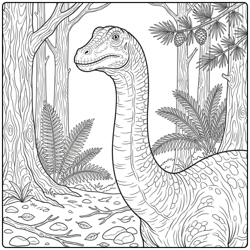 Realistic Diplodocus coloring page with a forest background