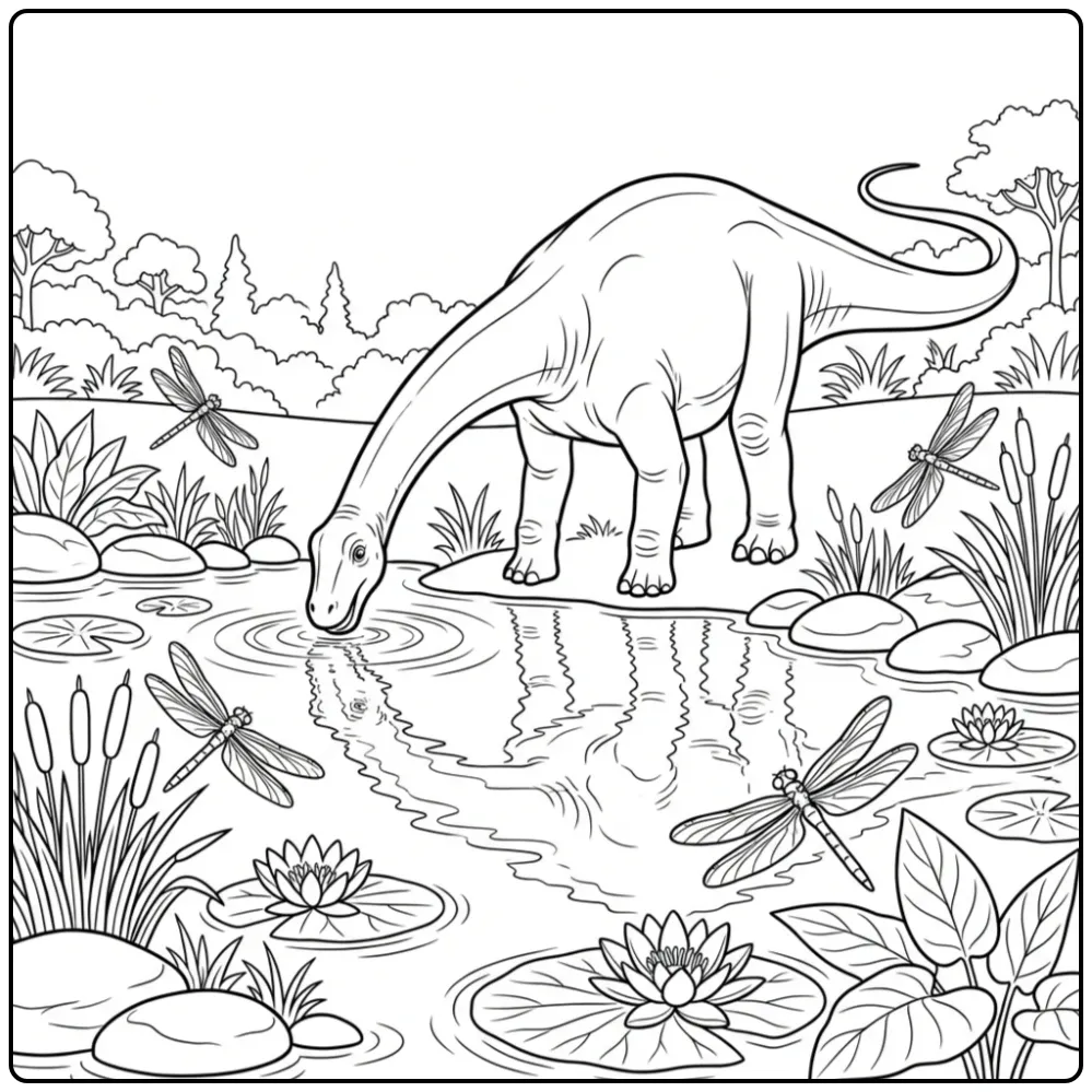 Realistic Diplodocus coloring page drinking at the water