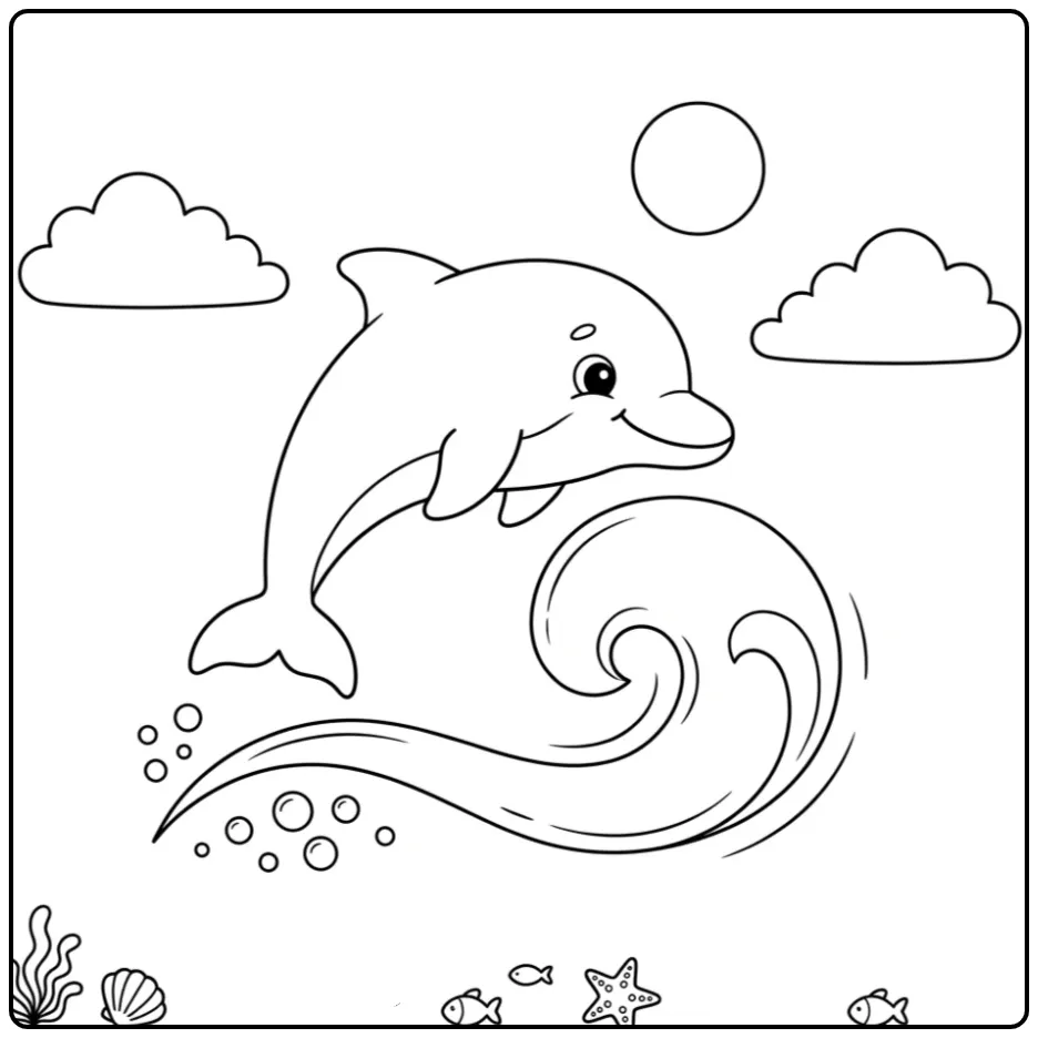Dolphin Easy for Children with Clouds coloring page