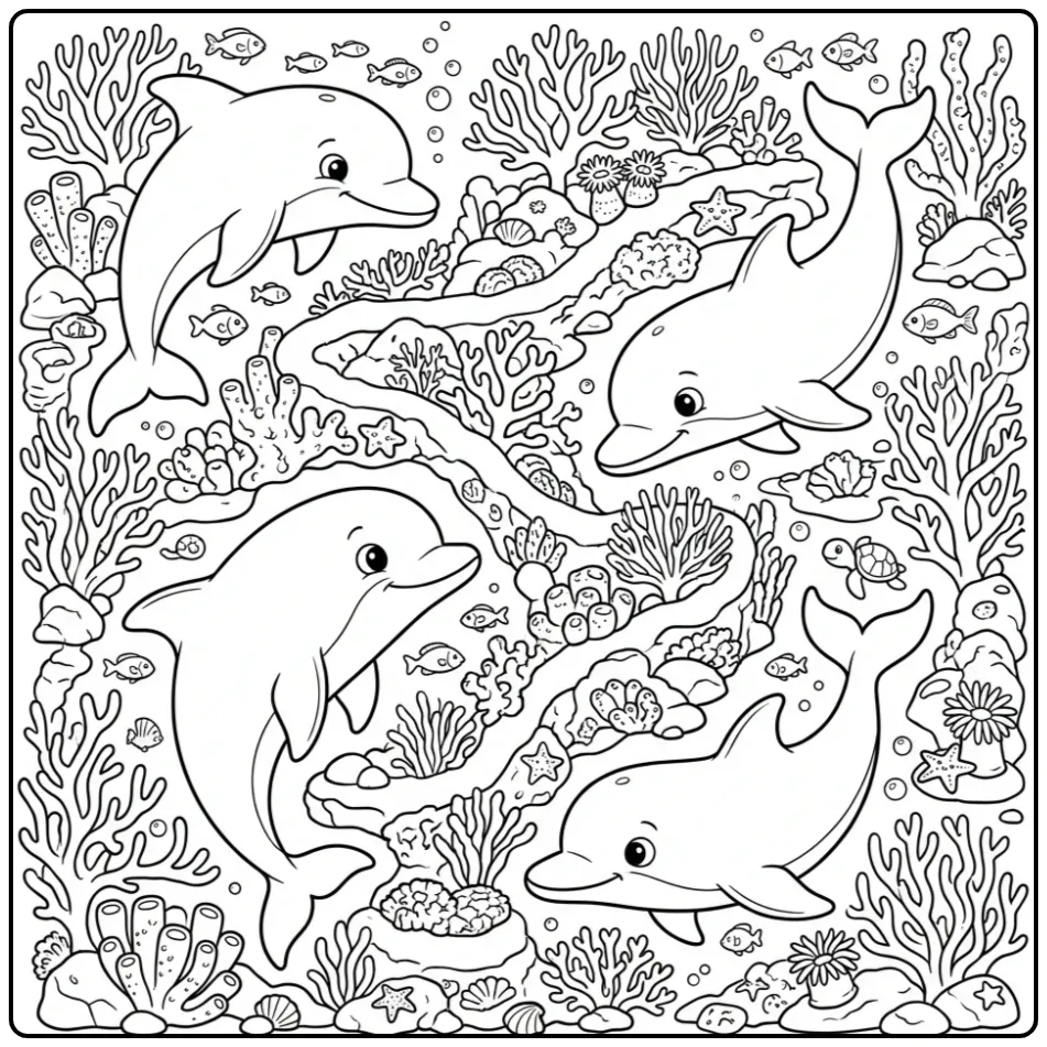 Dolphin Detailed with a Complex Coral Reef coloring page