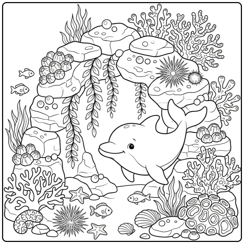 Dolphin Detailed with Coral and Stone coloring page