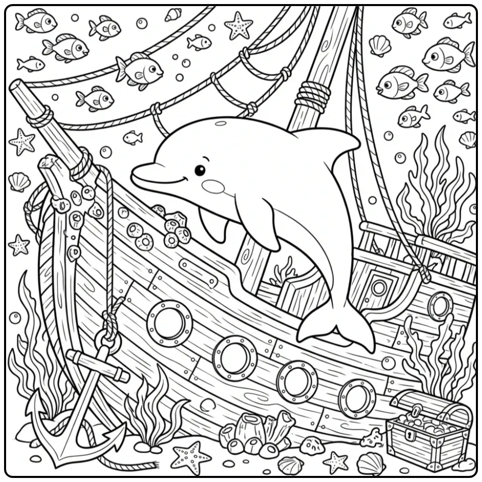 Detailed Dolphin Underwater Adventure with a Wreck coloring page