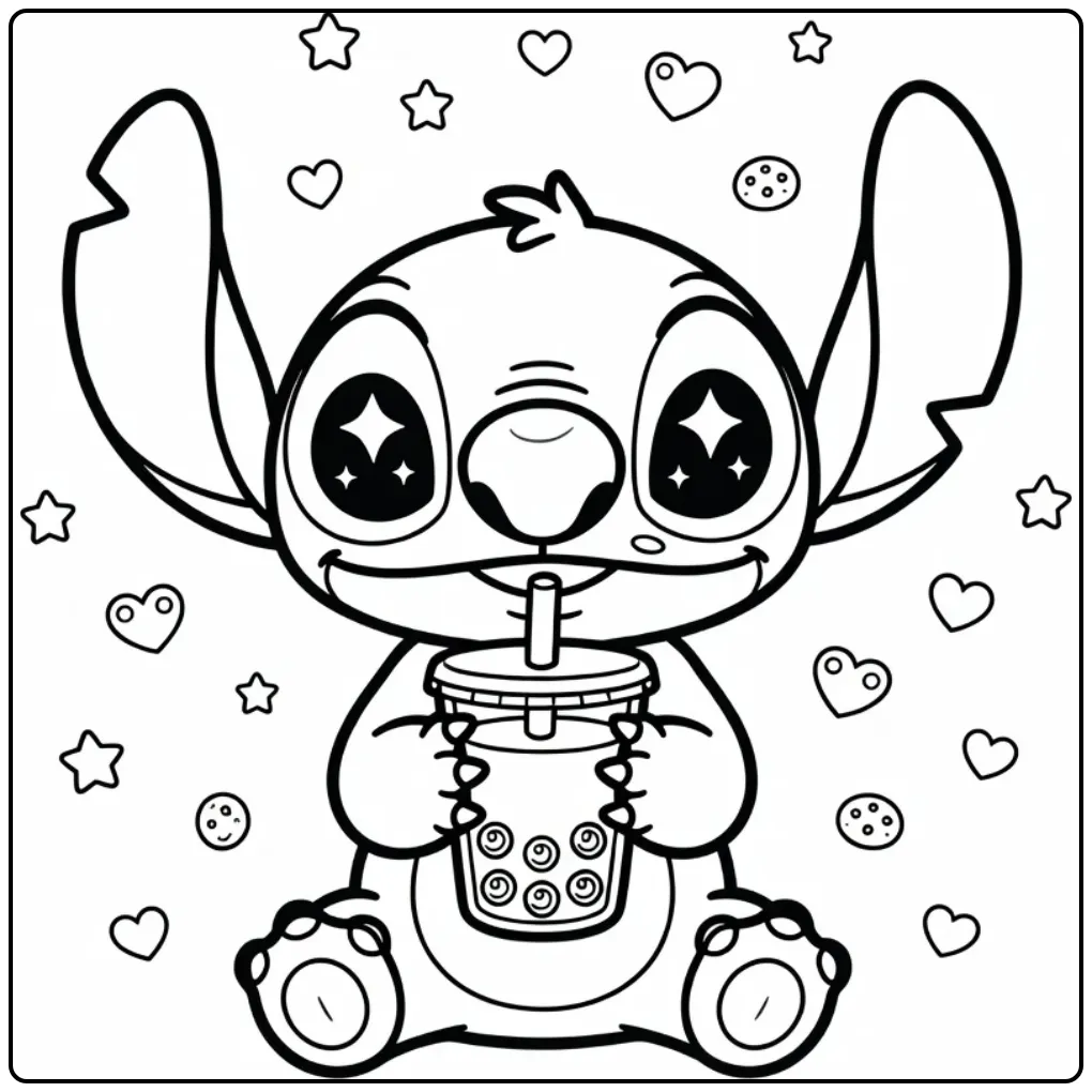 Kawaii Stitch with a Tasty Drink coloring page