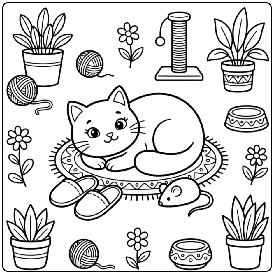 Easy Cat with Mouse and Shoes coloring page