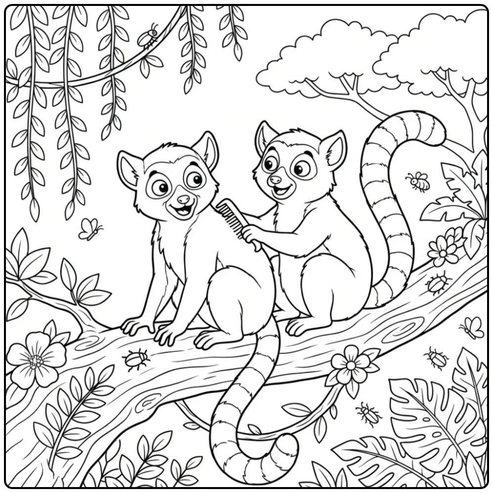 Ring-tailed lemur coloring page showing lemurs on a branch