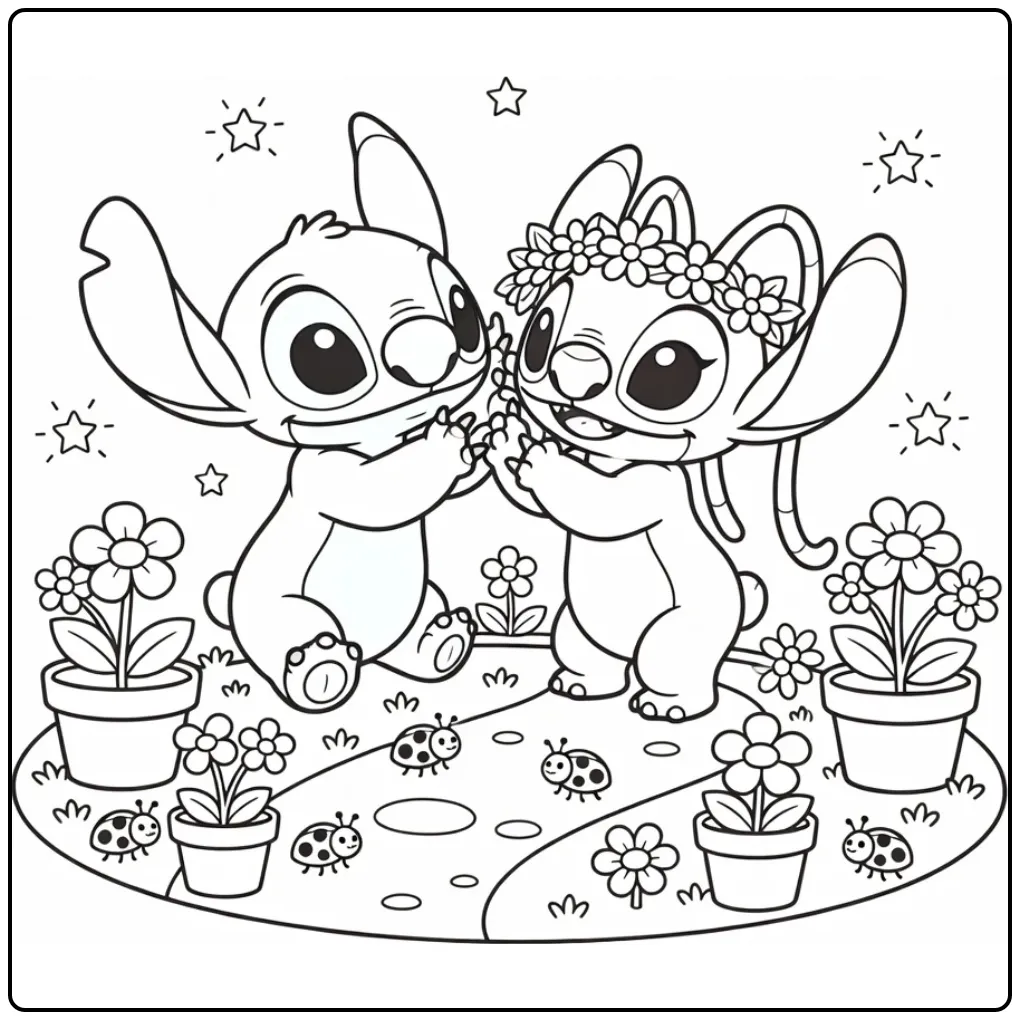 Stitch and Angel coloring page in a garden with flowers
