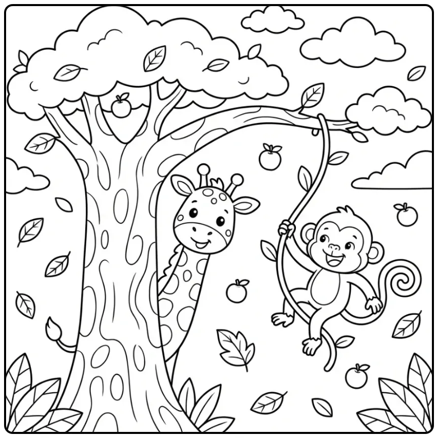Cute Giraffe by an Acacia Tree coloring page