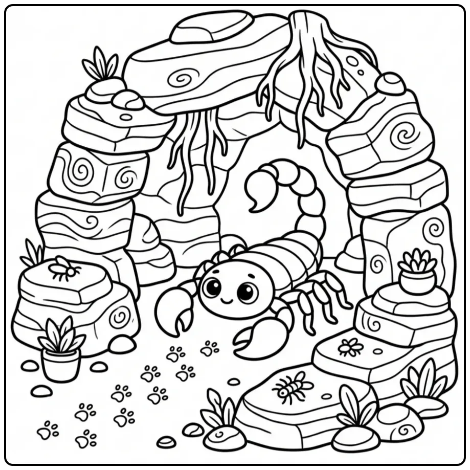 Scorpion coloring page featuring a scorpion in a rocky cave