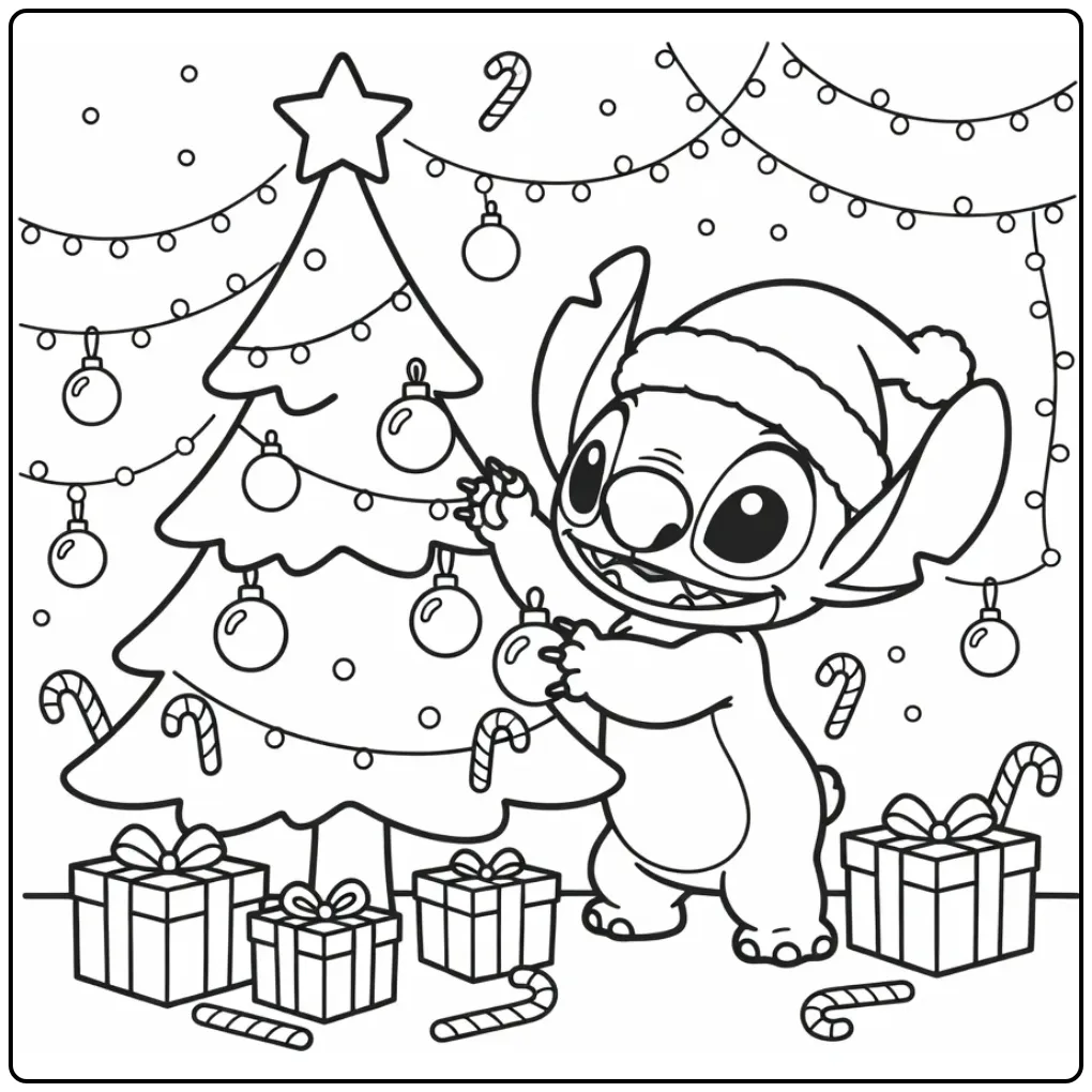 Download This Cute Stitch Christmas and Gifts coloring page