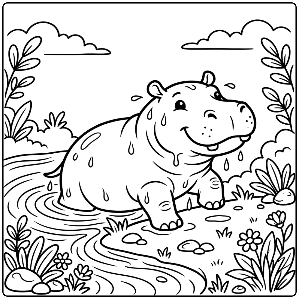 Hippo coloring page showing a hippo on the riverbank