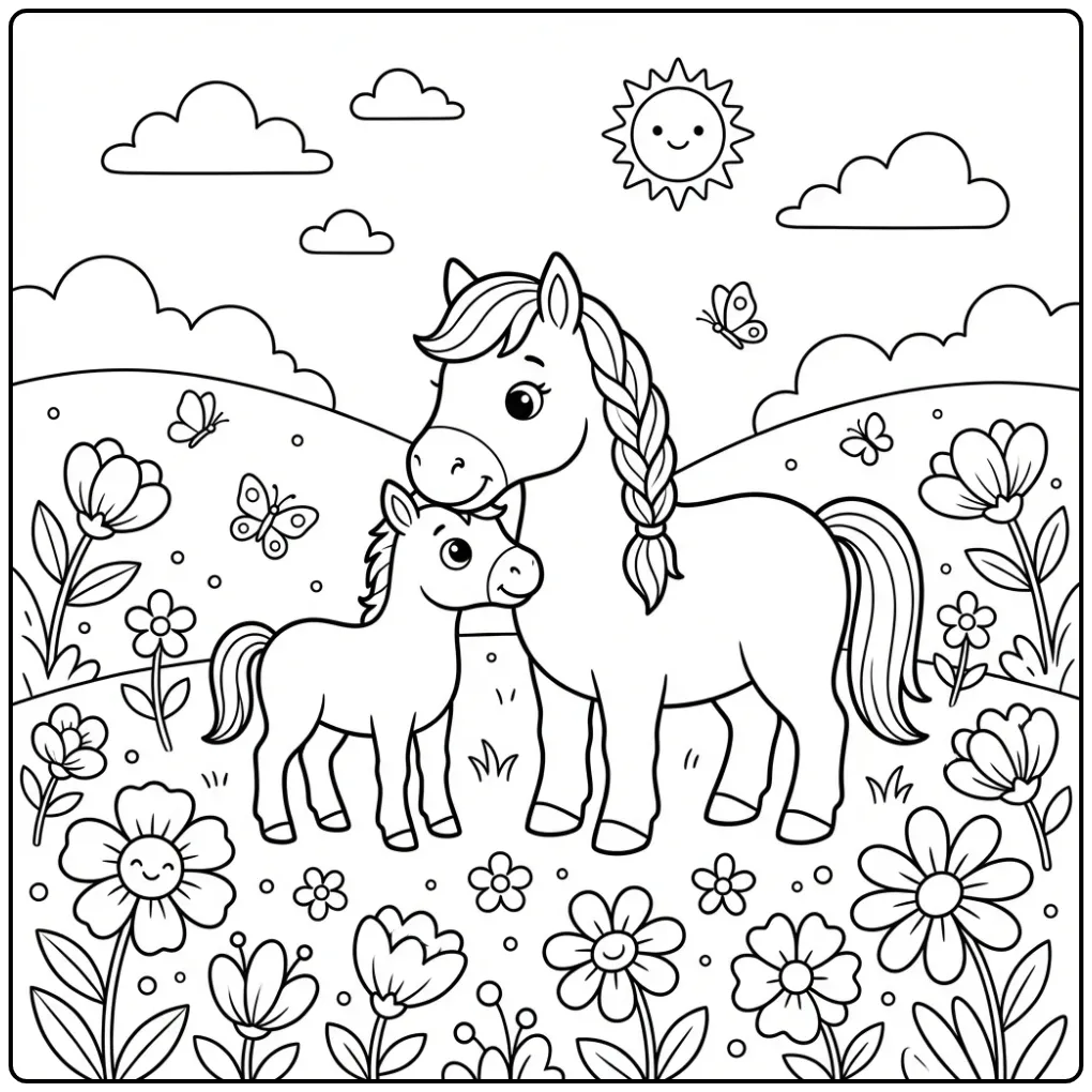 Cheerful Horse with Foal coloring page