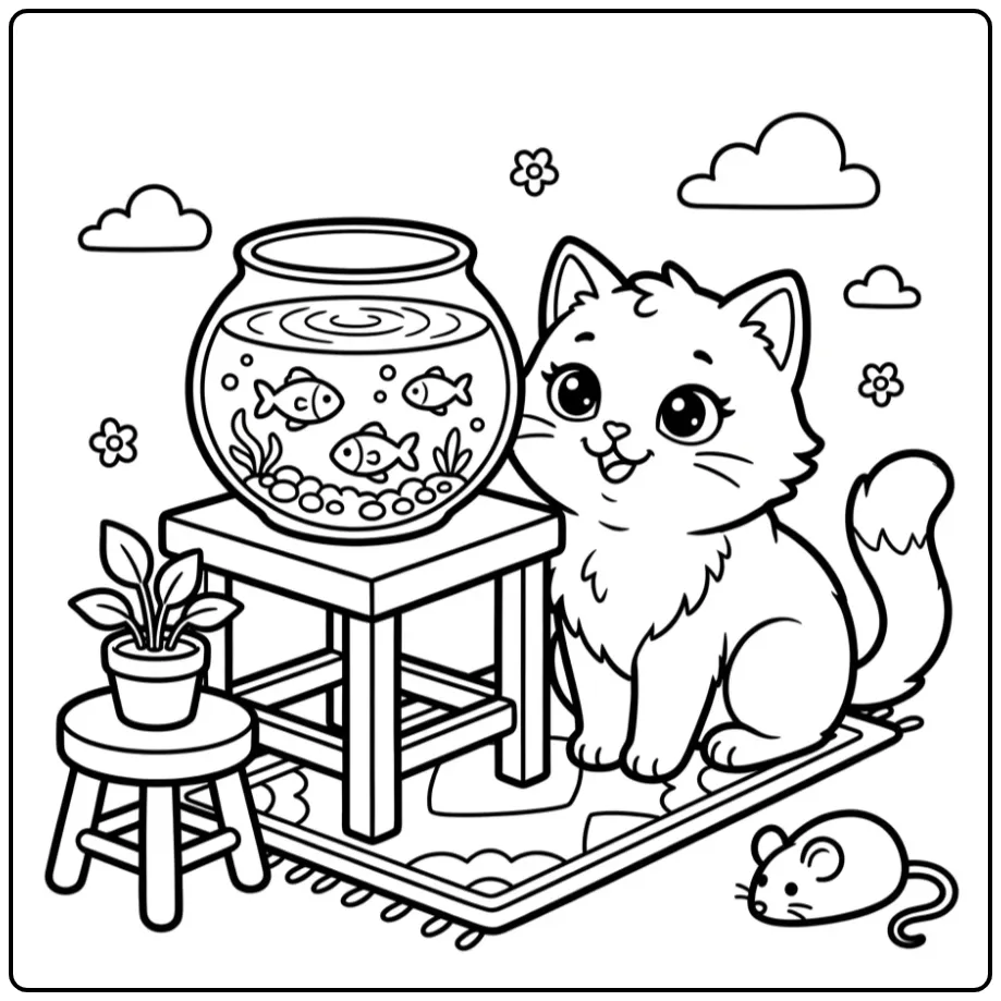 Unique Cute Cat with a Fishbowl coloring page