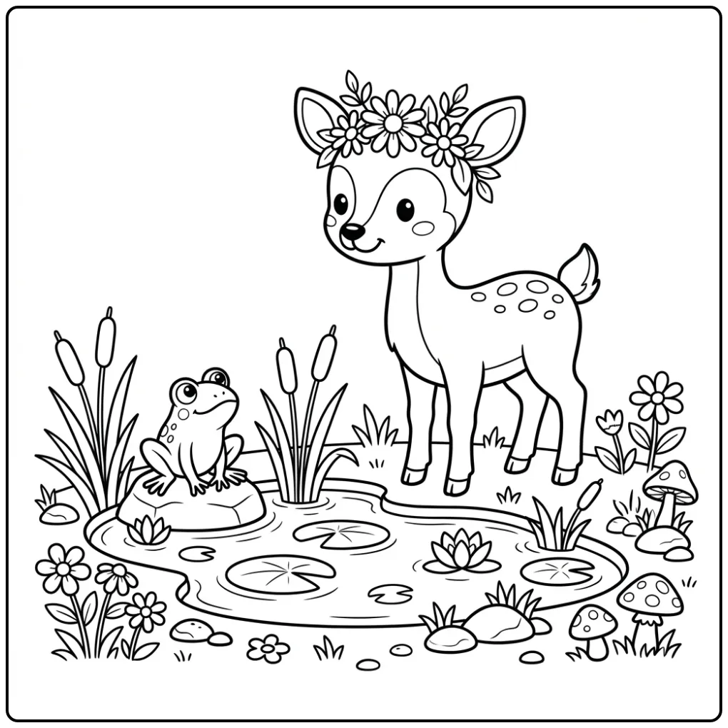 Cute Fawn by the Pond coloring page
