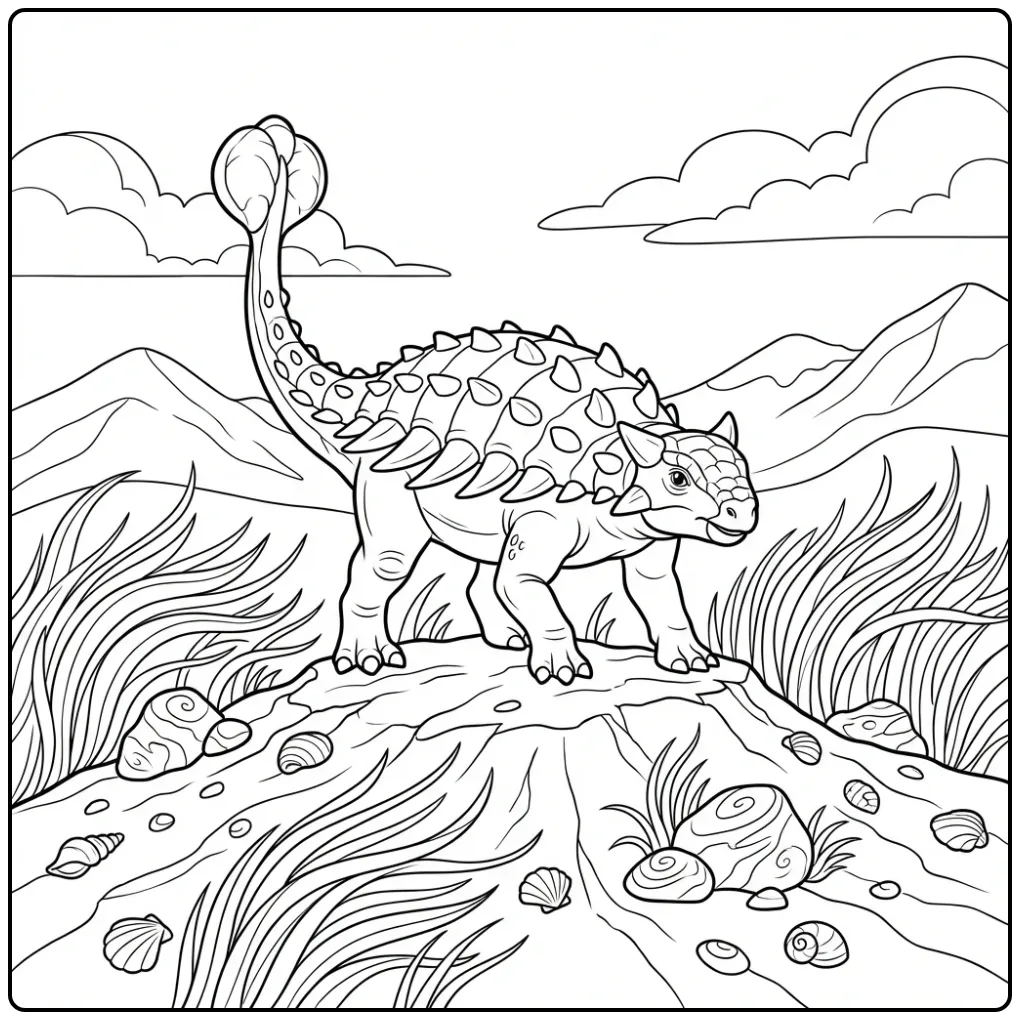 Tough Ankylosaurus coloring page on a windy hill