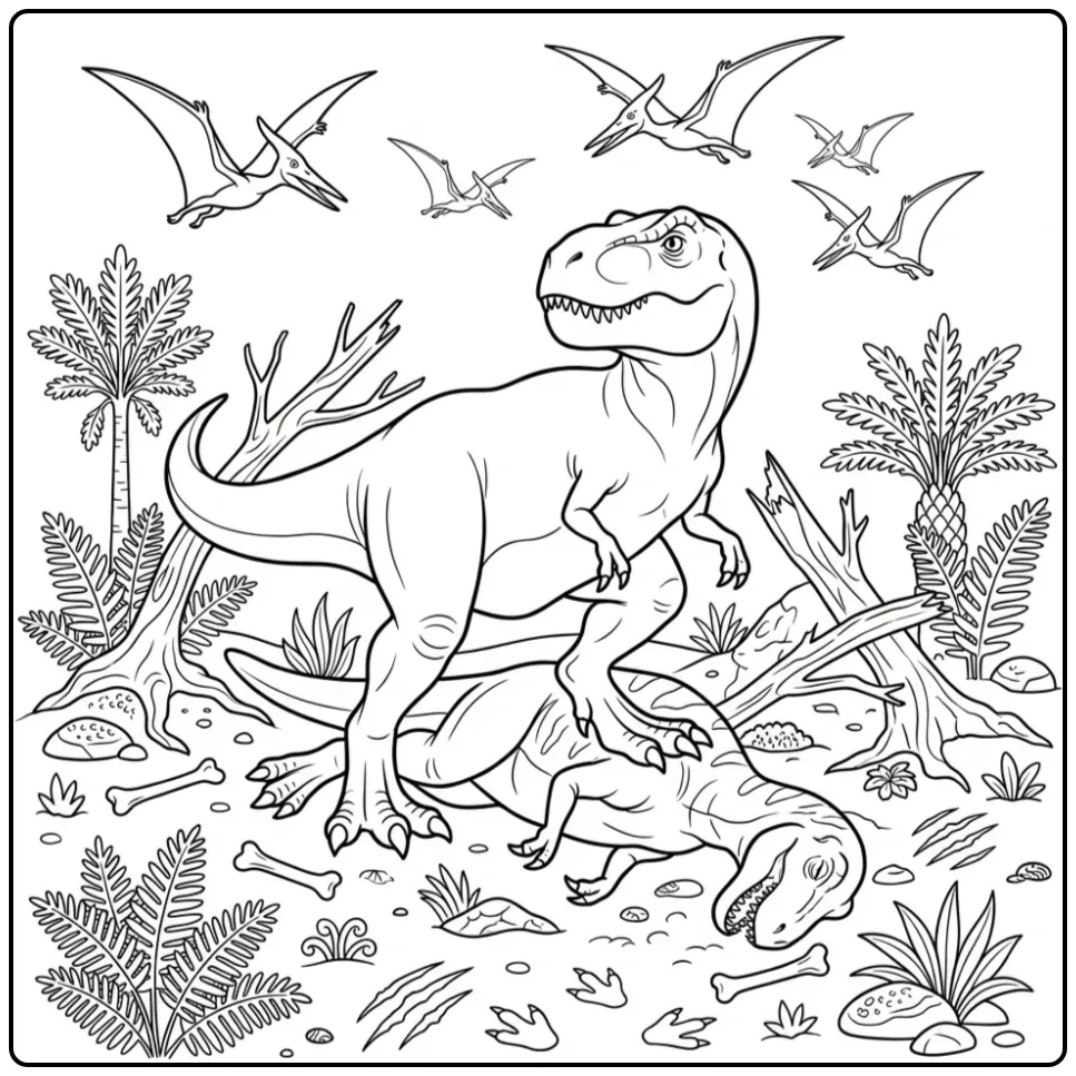 Exciting T. Rex coloring page with prey and bones