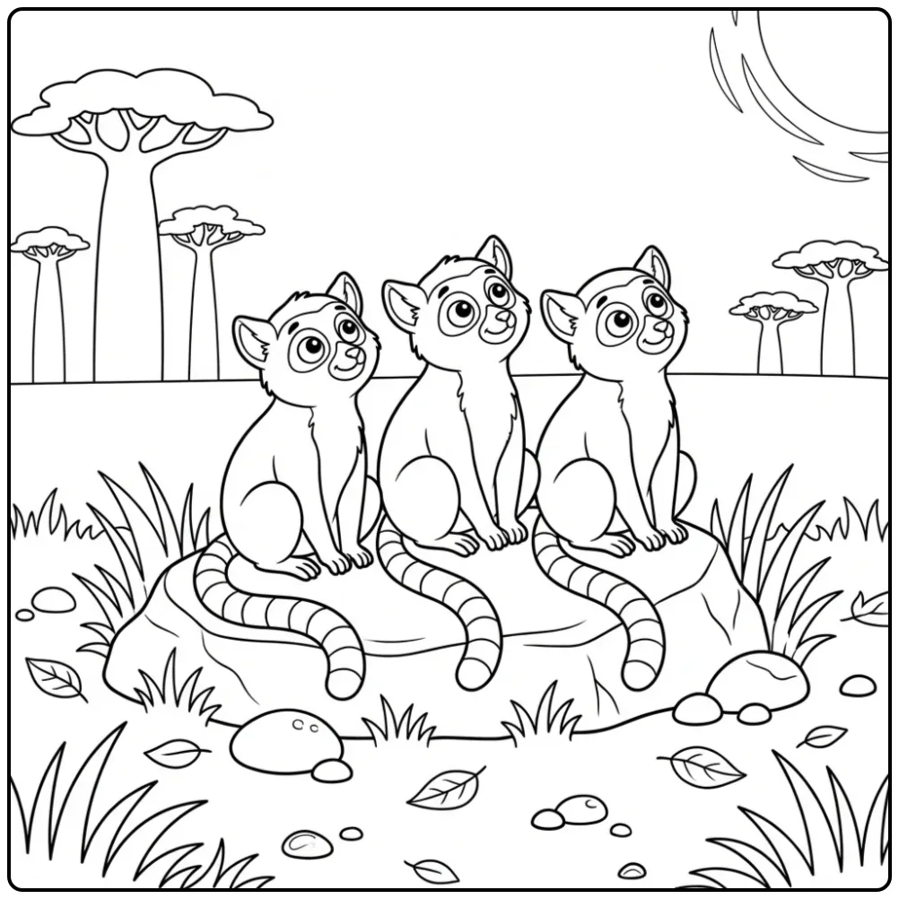 Ring-tailed lemur coloring page showing three lemurs