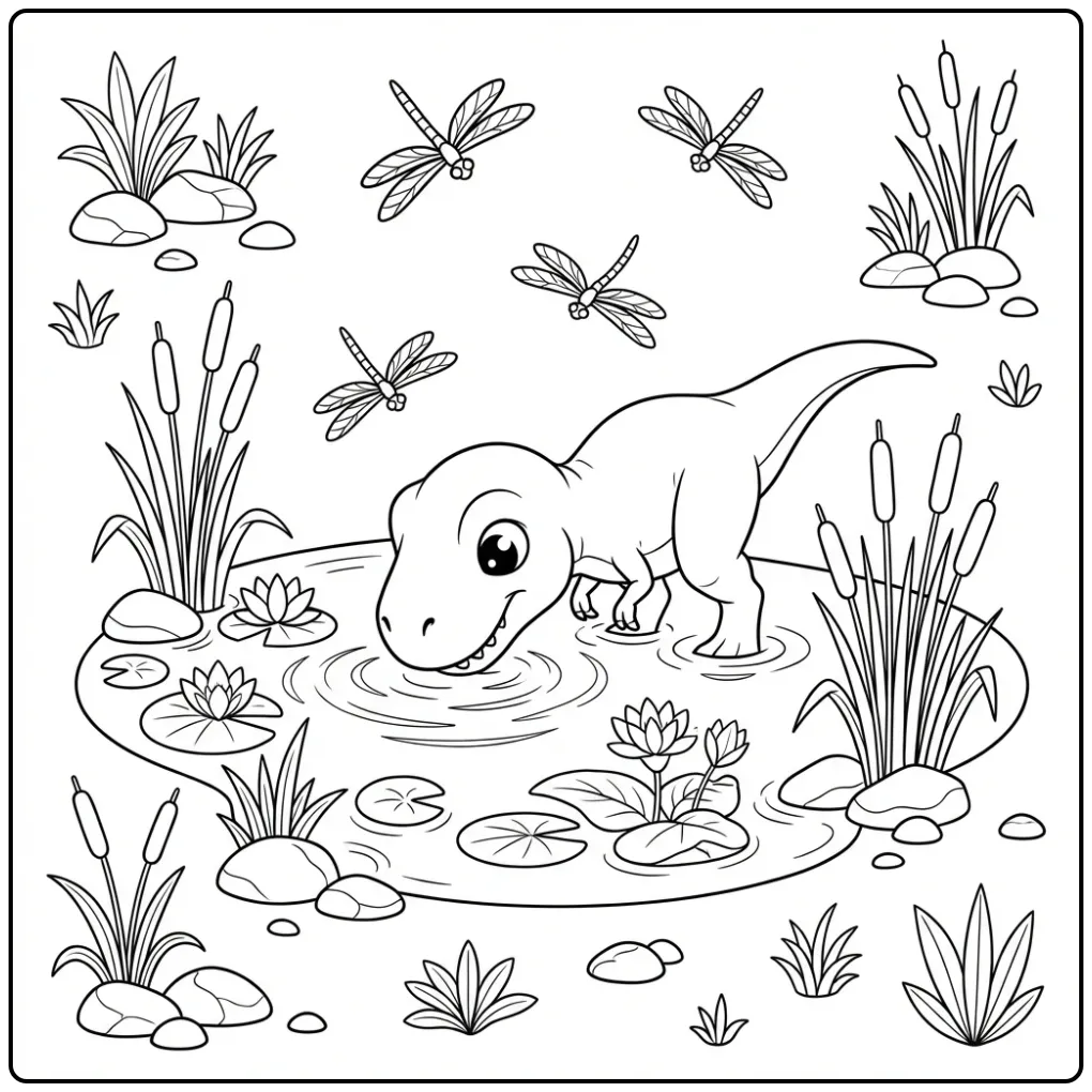 Cute baby T. Rex coloring page drinking by a pond