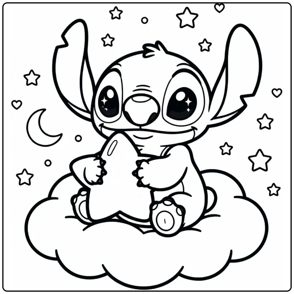 Dreamy Kawaii Stitch with a Star Pillow coloring page