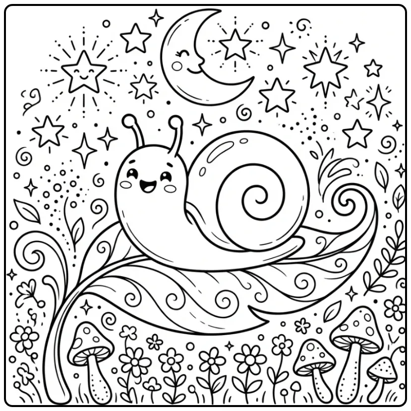 Dreamy Snail on a Leaf with Sparkling Stars coloring page