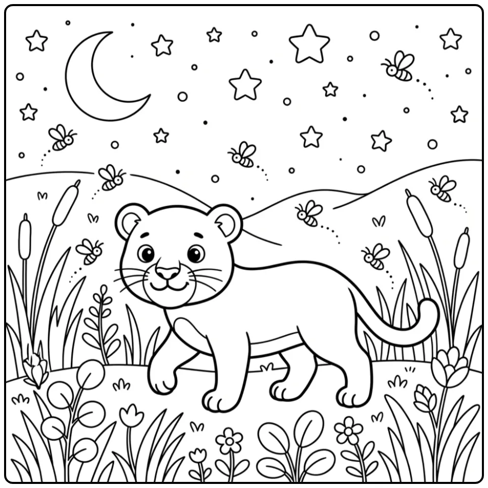 Dreamy Cute Panther Under the Moon coloring page