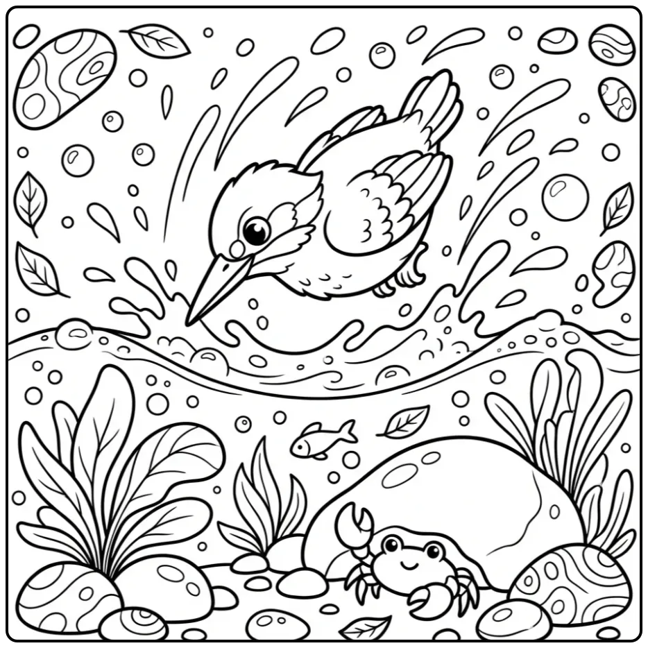 Diving Kingfisher with Water Plants and Stone coloring page
