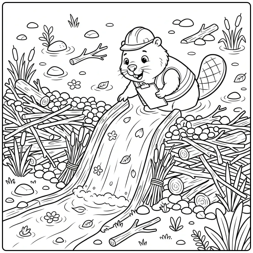 Beaver coloring page of a builder by a dam channel