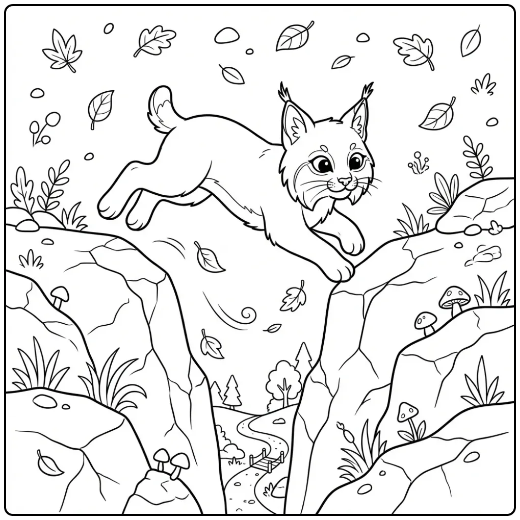 Lynx coloring page jumping over large rocks