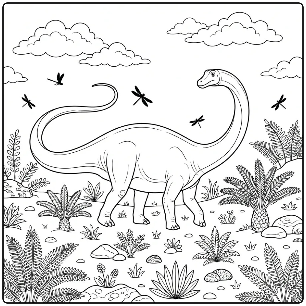 Realistic Diplodocus coloring page walking through ferns