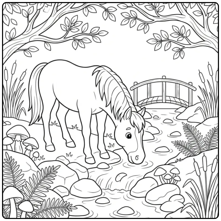 A Detailed Horse in the Forest coloring page