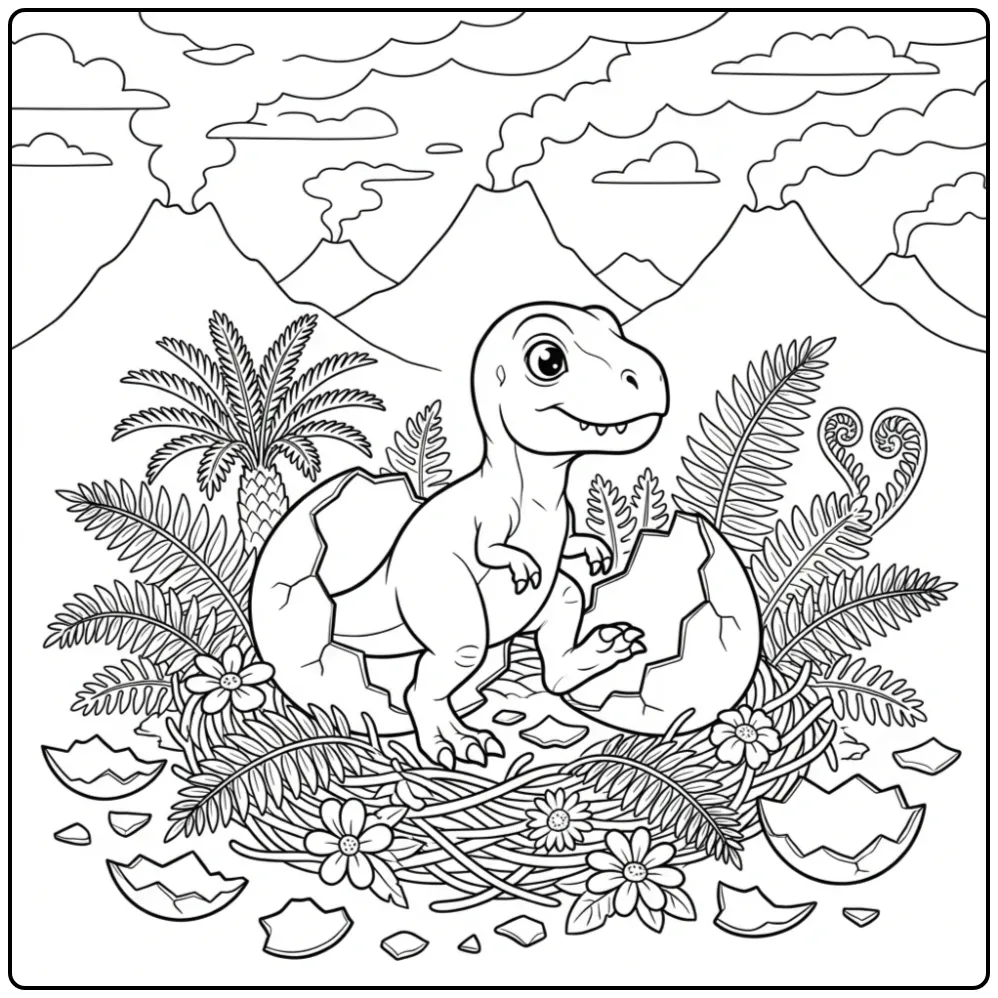 Cute baby T. Rex coloring page hatching from an egg