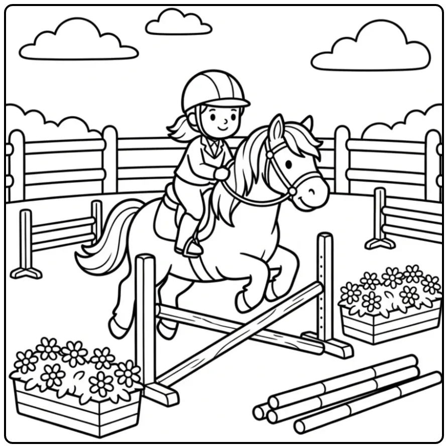 A Fun Horse with Rider Jumping Outside coloring page
