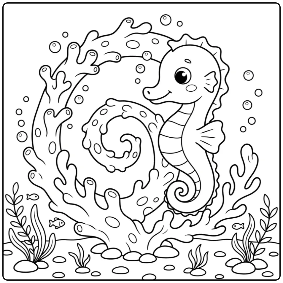 A Fun Seahorse with Bubbles and Seaweed coloring page