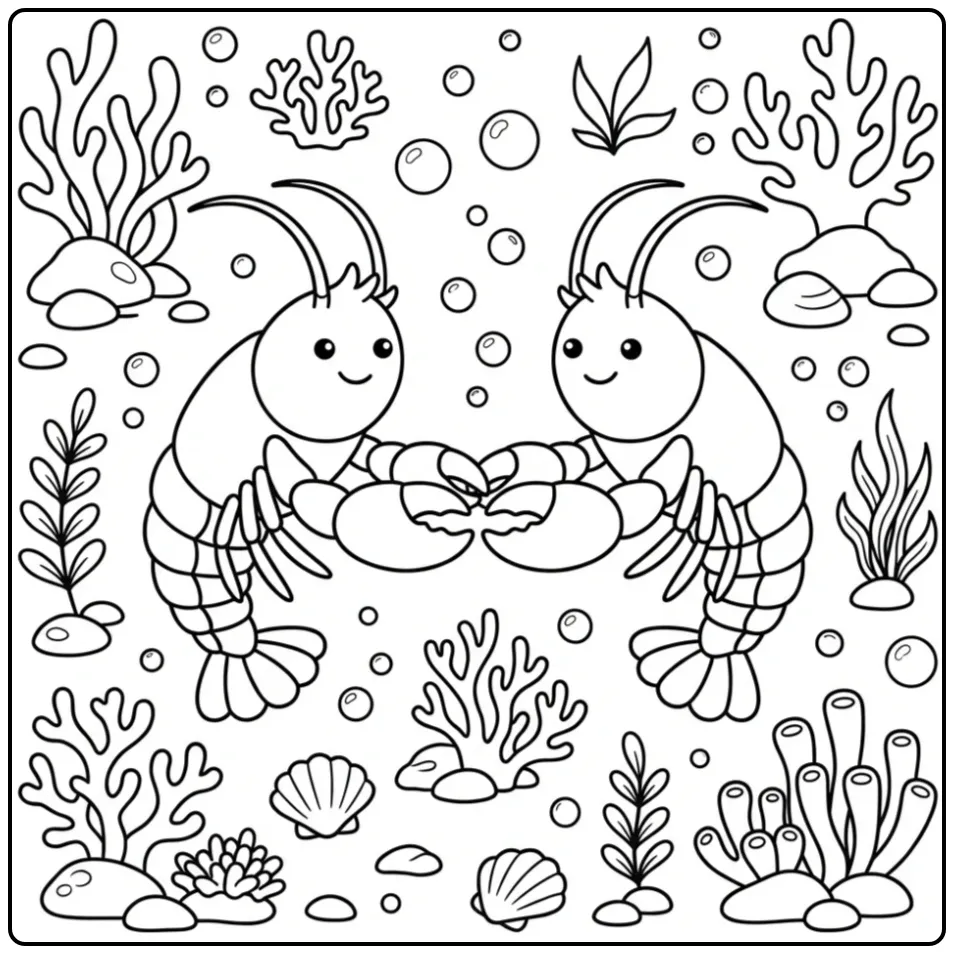Cheerful lobster coloring page with two dancing lobsters underwater