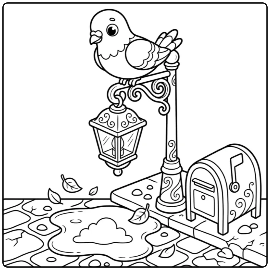 Cute Dove on a Lamppost coloring page