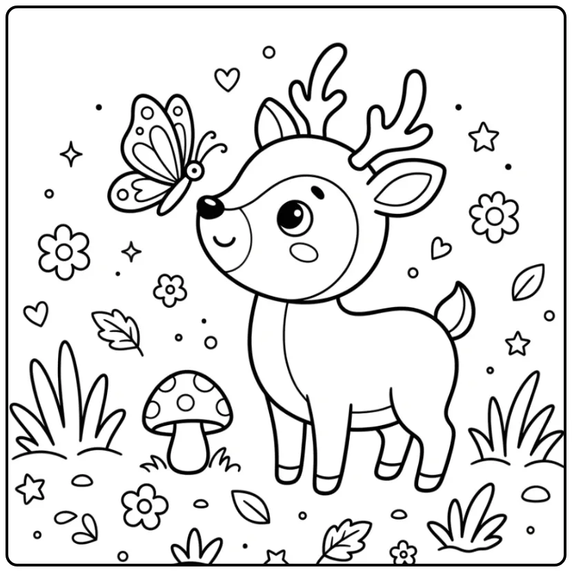 Cute Easy Deer with a Butterfly coloring page
